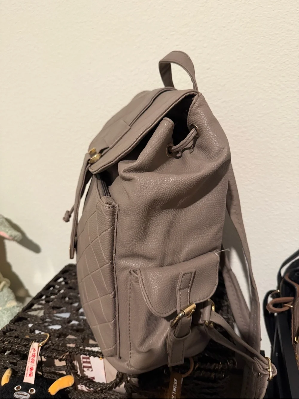 Quilted Taupe Backpack with Gold Accent Heart Charm